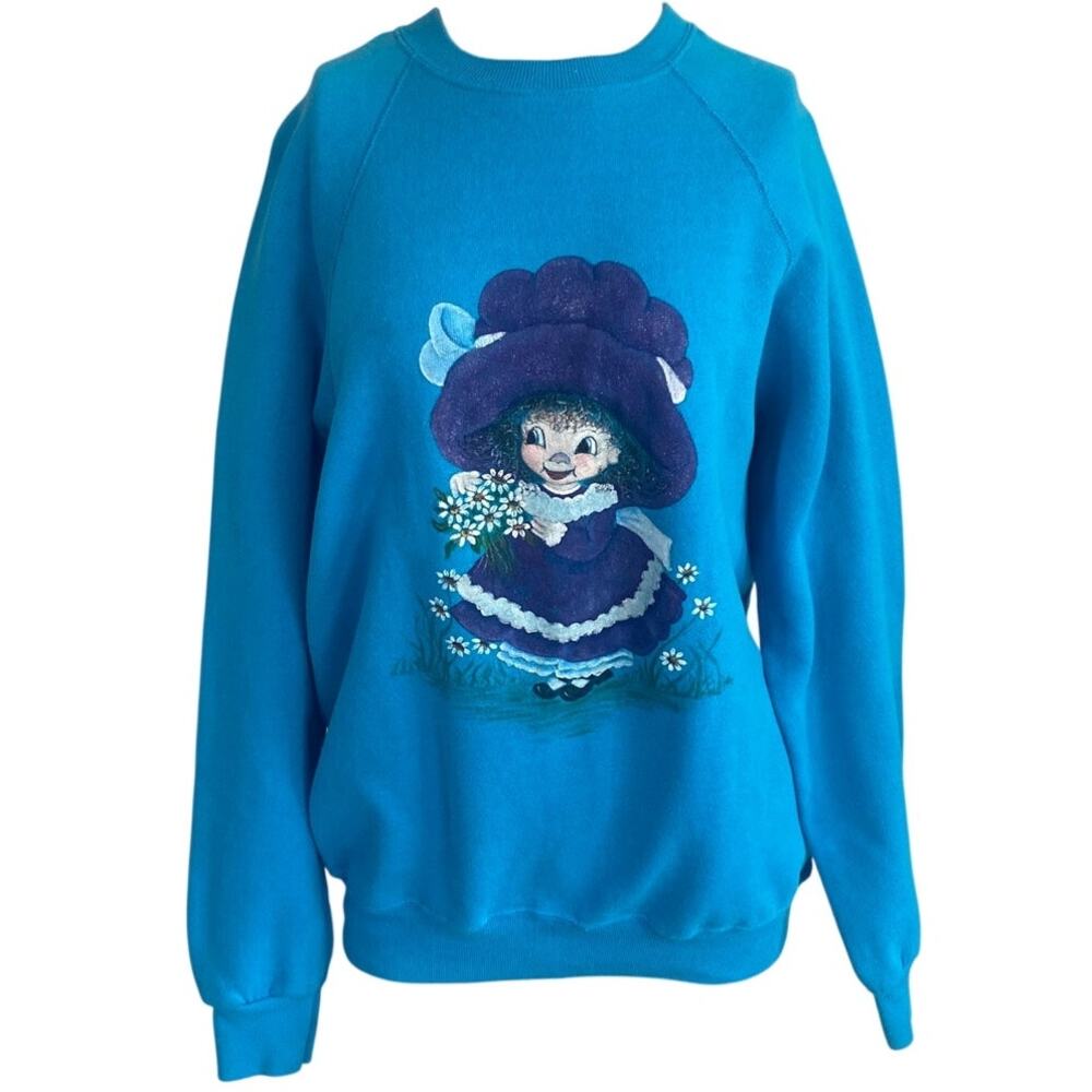 Vtg 80s Hand Painted Sweatshirt Turquoise Blue Bonnet Girl Daisies Puff Paint